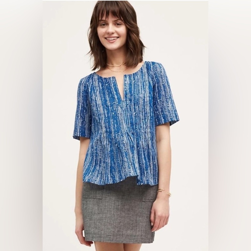 Maeve Orchid Island Navy and White Striped V-Neck Short Sleeve Blouse
